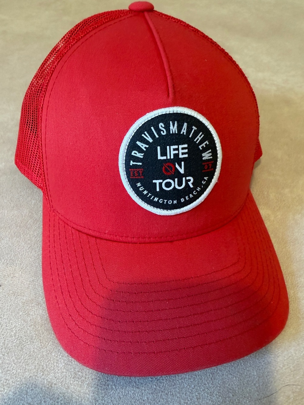 Travis Mathew Red 'Life On Tour' Patch Trucker Hat
